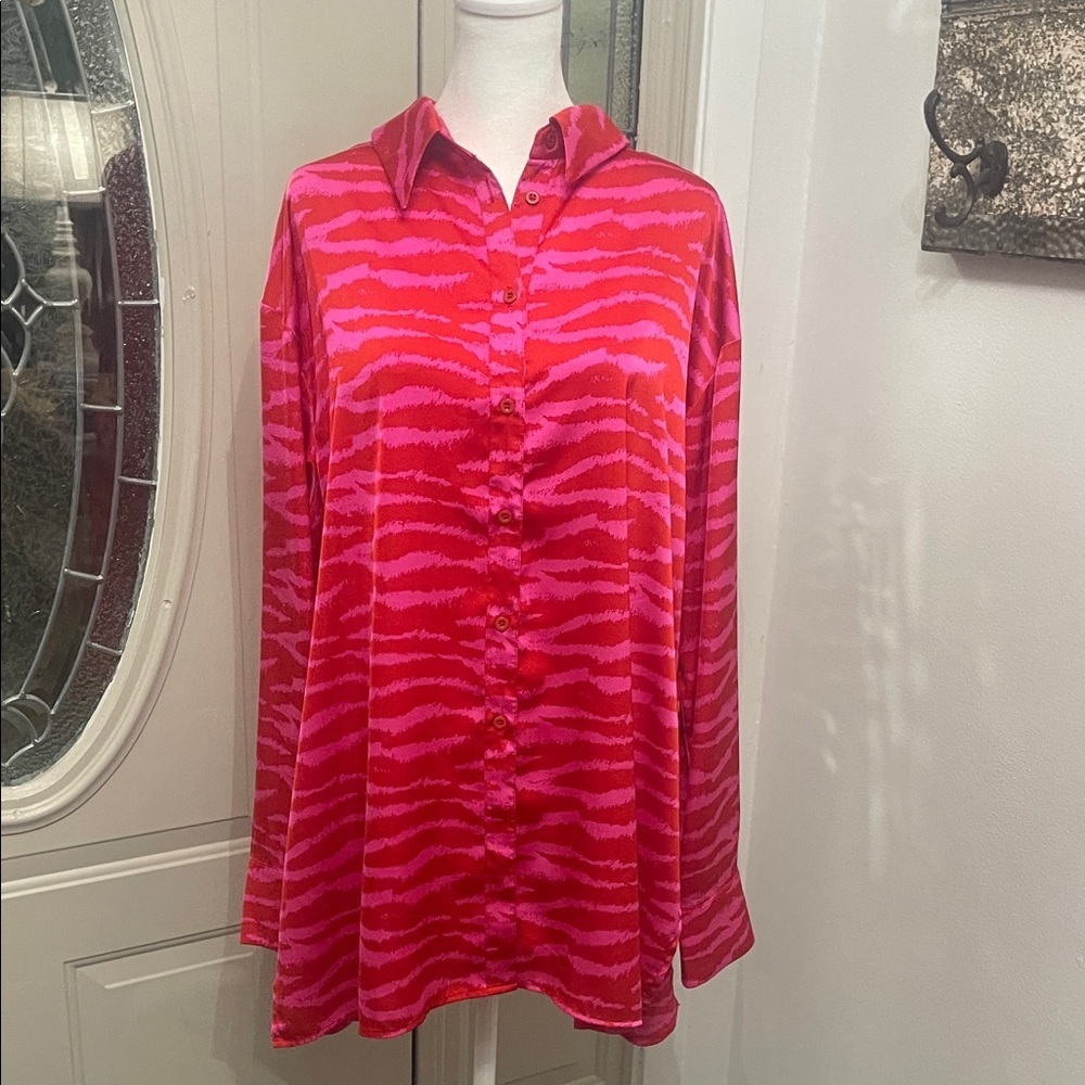 Eesome Vibrant Red and Pink Animal Print Button-Down Shirt